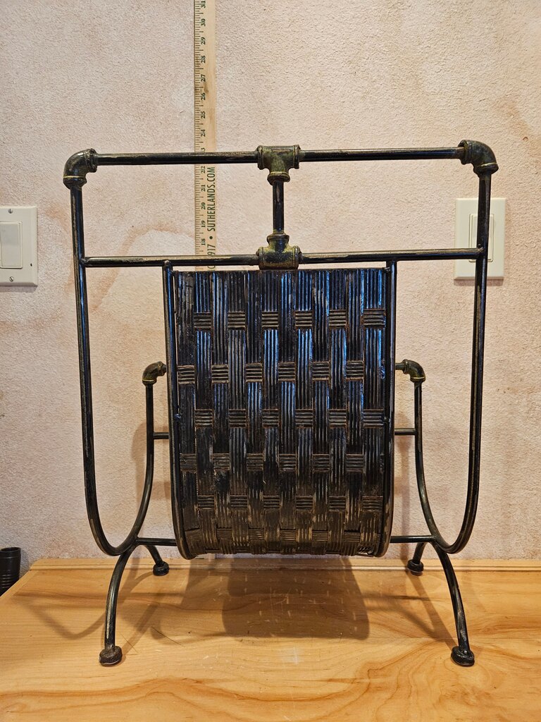 Vintage brutalist cast iron & rattan basket weave magazine rack , book holder, Picture / print / art display