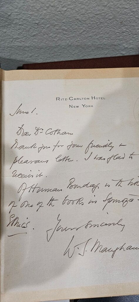 The Razor's Edge by W. Somerset Maugham 1st edition 2nd printing includes a signed personalized letter from Author